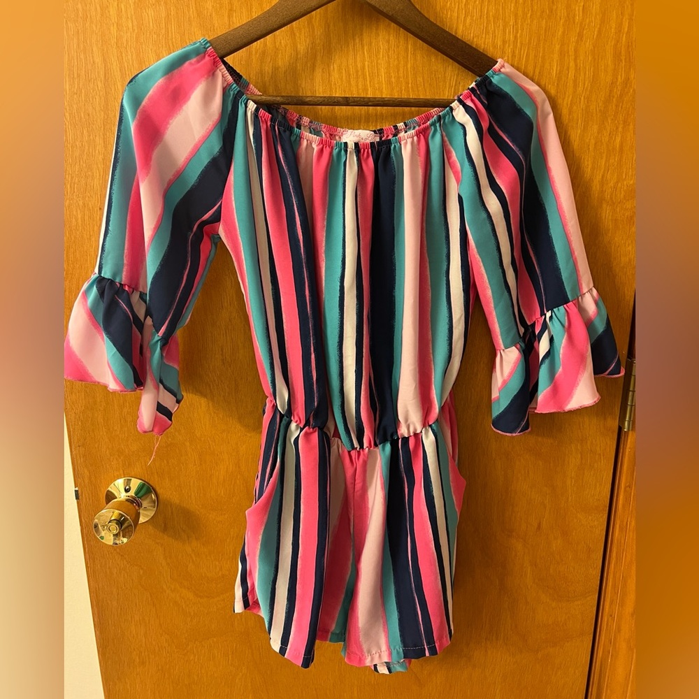 Pink Lily off the shoulder romper - pink/blue